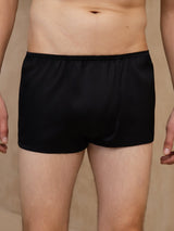 Men's black silk boxer briefs with mid-rise elastic waistband