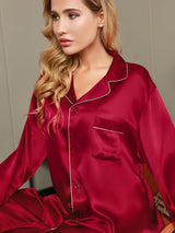 [Wine] SilkSilky  Long Sleeve Lapel Collar Women's Pajamas 009