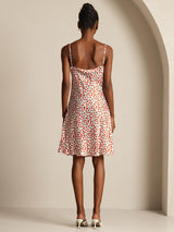 Back view of a cherry print silk blend spaghetti strap dress with straight fit