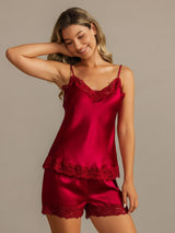 [Wine] SilkSilky  Spaghetti Strap V Neck Camisole Set 001