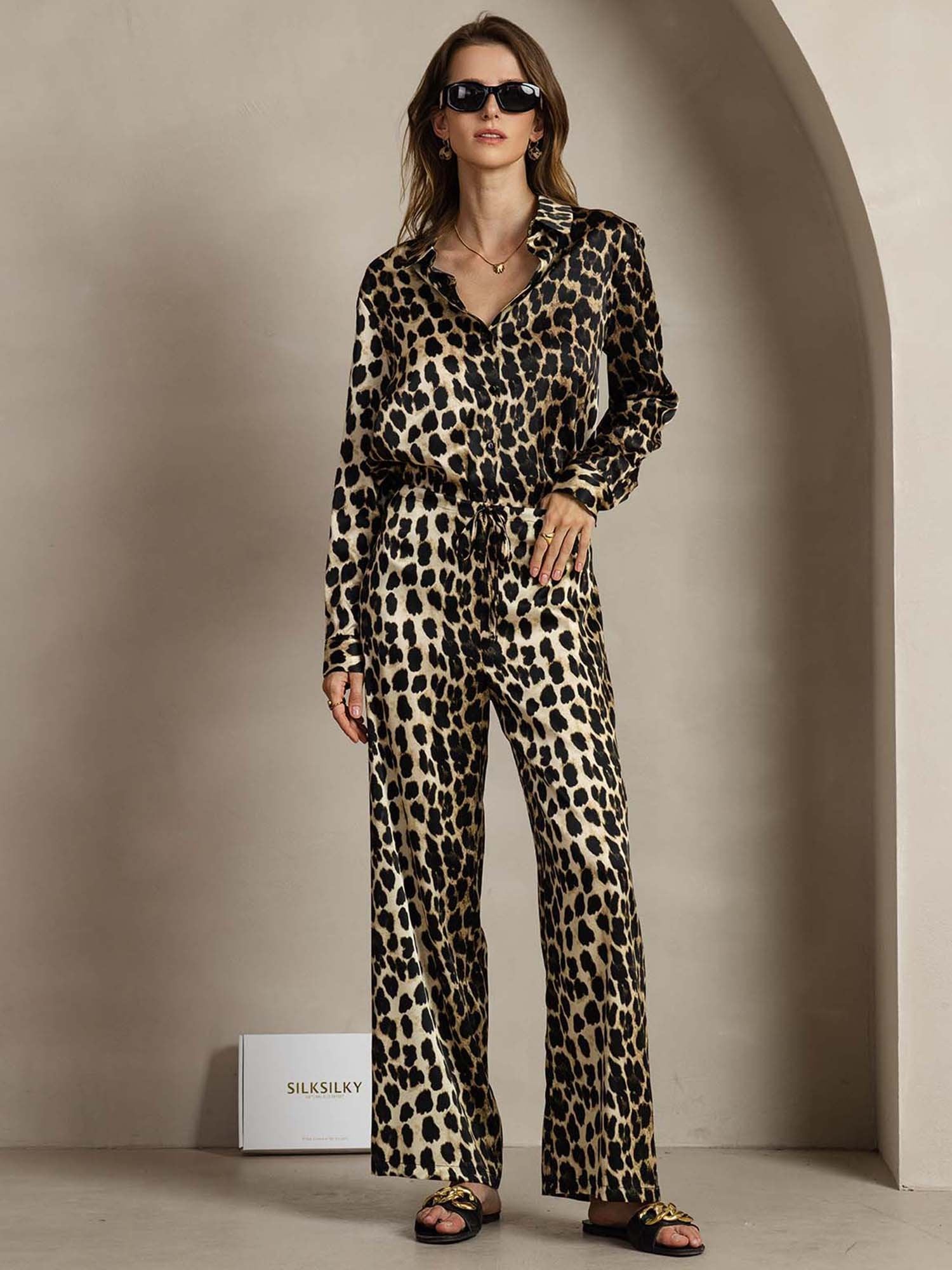 [Leopard] SilkSilky  19Momme Silk Lapel Collar Women''s Outfit Sets 001
