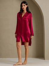 [Wine] SilkSilky  Long Sleeve Lapel Collar Nightshirt 008