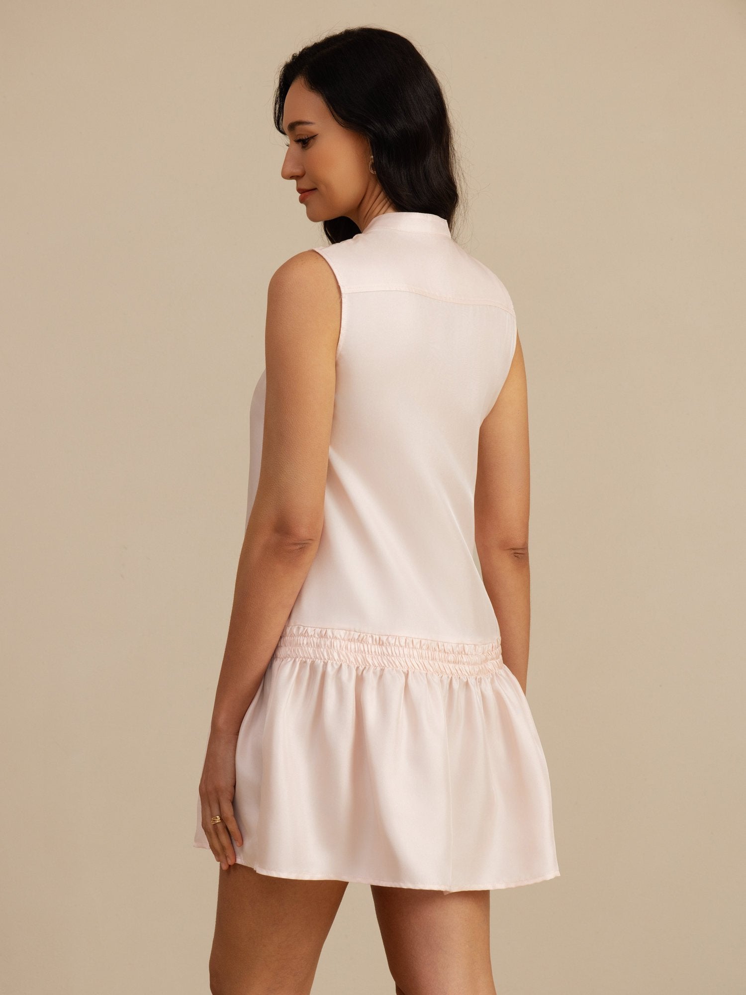 [Pink] SilkSilky  Sleeveless Stand Collar Dress 002