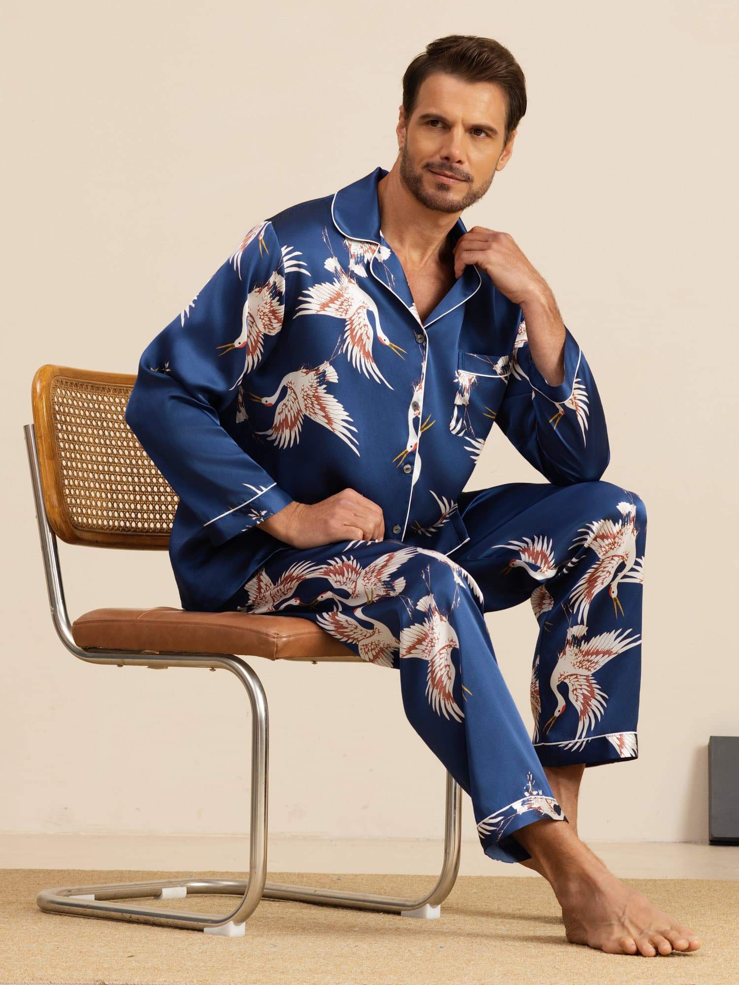 [Dark Blue] SilkSilky  Long Sleeve Notch Collar Men's Pajamas 001