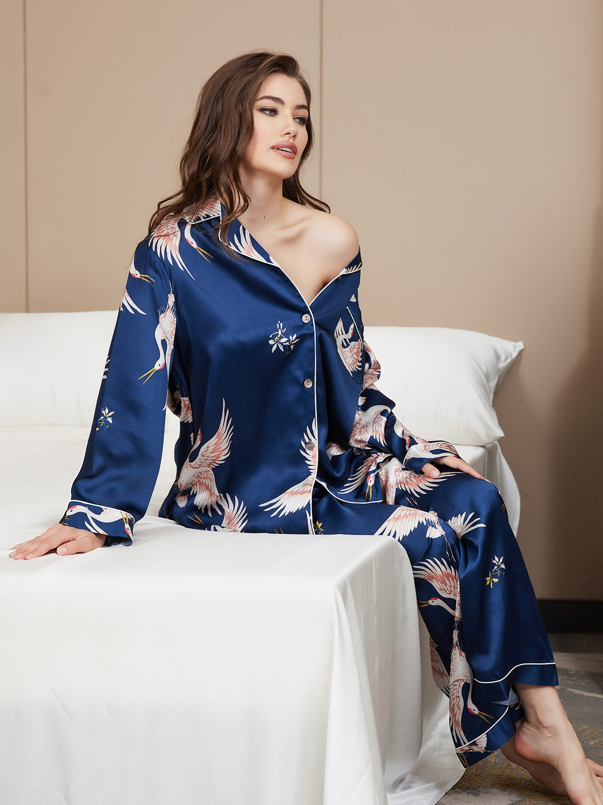[Dark Blue] SilkSilky  19Momme Long Sleeve Notch Collar Women's Pajamas 002