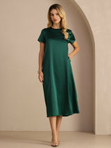 [Dark Green] SilkSilky  Short Sleeve Crew Neck Dress 001
