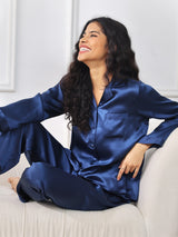[Dark Blue] SilkSilky  Long Sleeve Lapel Collar Women's Pajamas 001