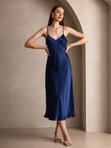 [Dark Blue] SilkSilky  Pure Silk Spaghetti Strap V Neck Dress 004