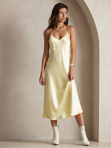 [Light Yellow] SilkSilky  Pure Silk Spaghetti Strap V Neck Dress 001