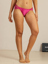 Bright pink silk lace low-rise panty with scalloped edges and high-cut design