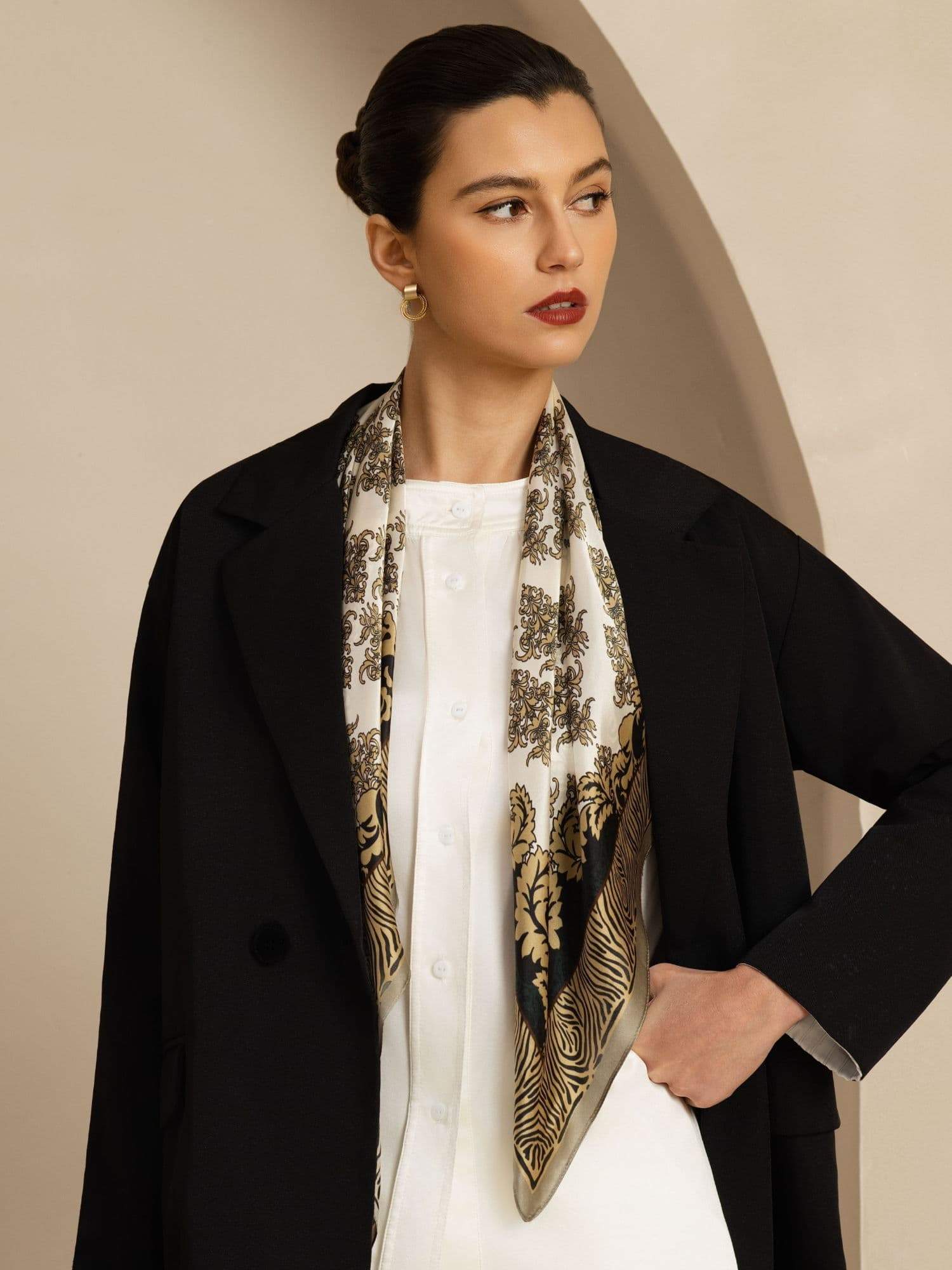 Vintage-inspired pure silk square scarf with baroque border, neutral tones, and animal-print accents