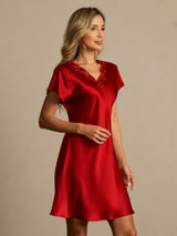 [Dark Red] SilkSilky  Short Sleeve V Neck Nightgown 007