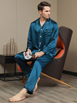 [Teal] SilkSilky  Long Sleeve Lapel Collar Men's Pajamas 007