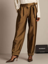 High-waist silk-wool blend tapered cropped pants in brown with tie waist