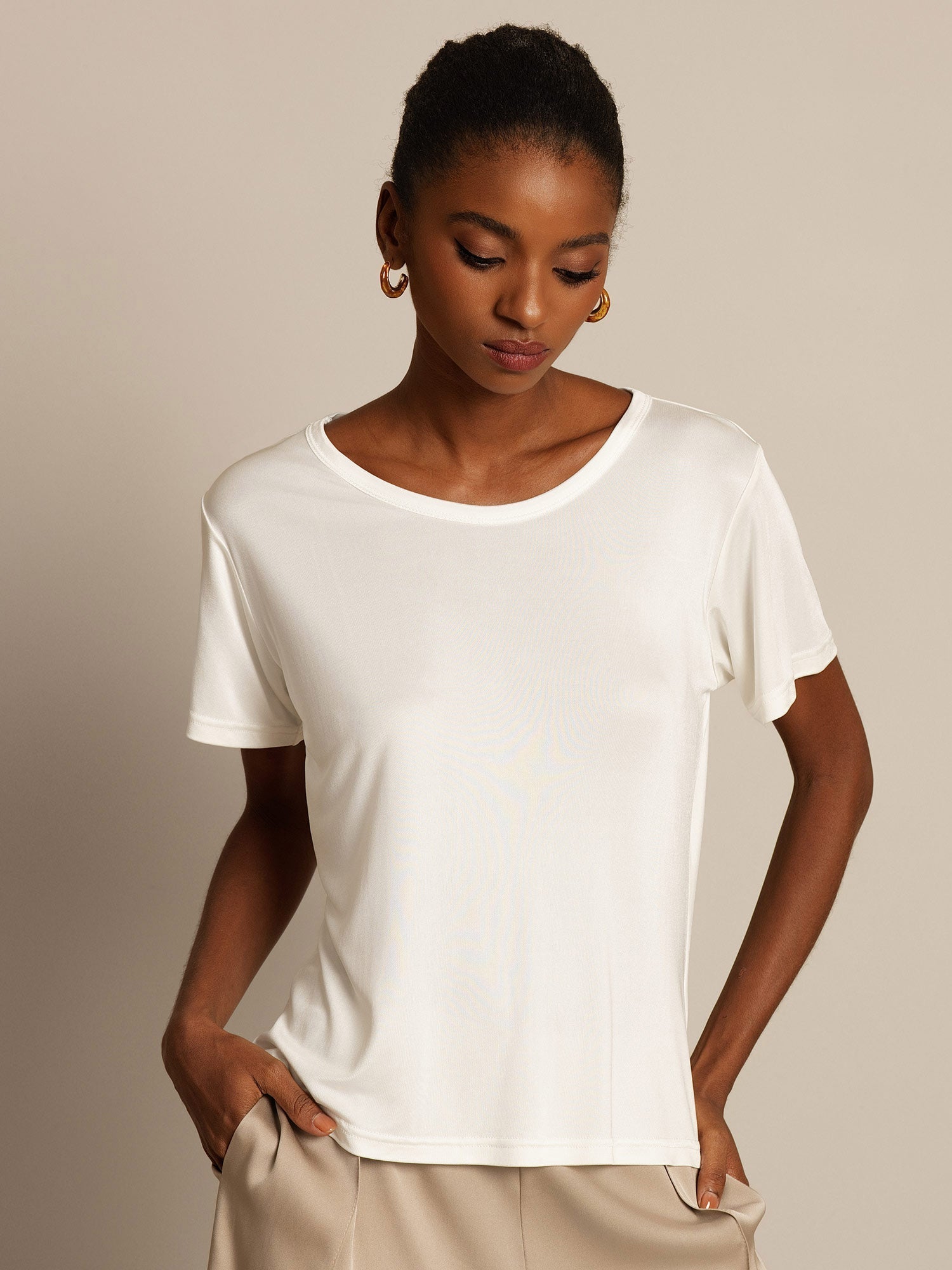 [White] SilkSilky  100% Silk Jersey Short Sleeve Round Neck Women's T-Shirt 001