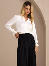[White] SilkSilky  Long Sleeve Split Women's Blouse 004