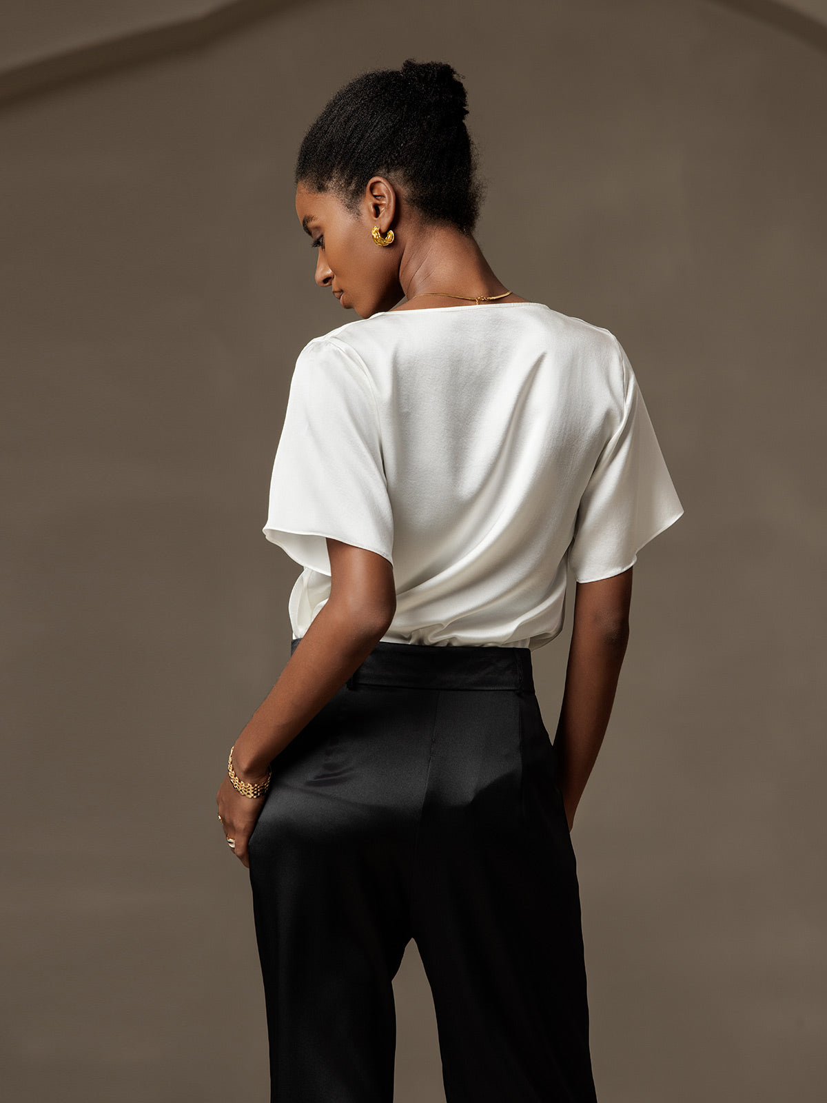 [White] SilkSilky  Short Sleeve Cowl Neck Blouse 002