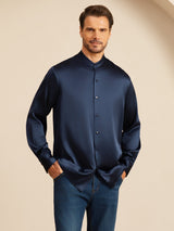 [Dark Blue] SilkSilky Long Sleeve Stand Collar Men''s Shirt 004