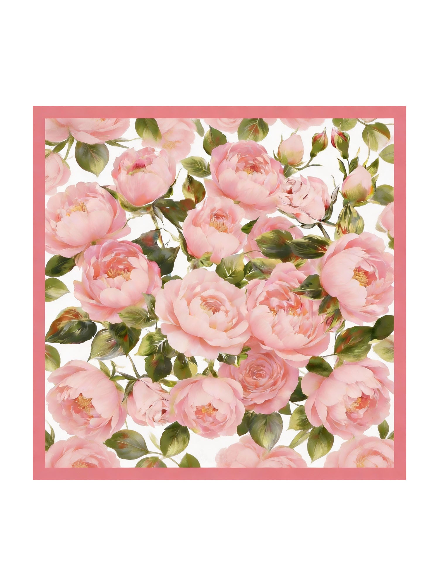 Pink floral print 100% mulberry silk square scarf with green leaves and pink border