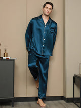 [Teal] SilkSilky  Long Sleeve Lapel Collar Men's Pajamas 004