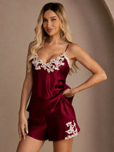 [Wine] SilkSilky  Spaghetti Strap V Neck Camisole Set 005