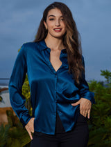 [Teal] SilkSilky  Long Sleeve Lapel Collar Women's Shirts 004