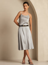 Silver silk A-line midi skirt with pockets, high waist and smooth drape