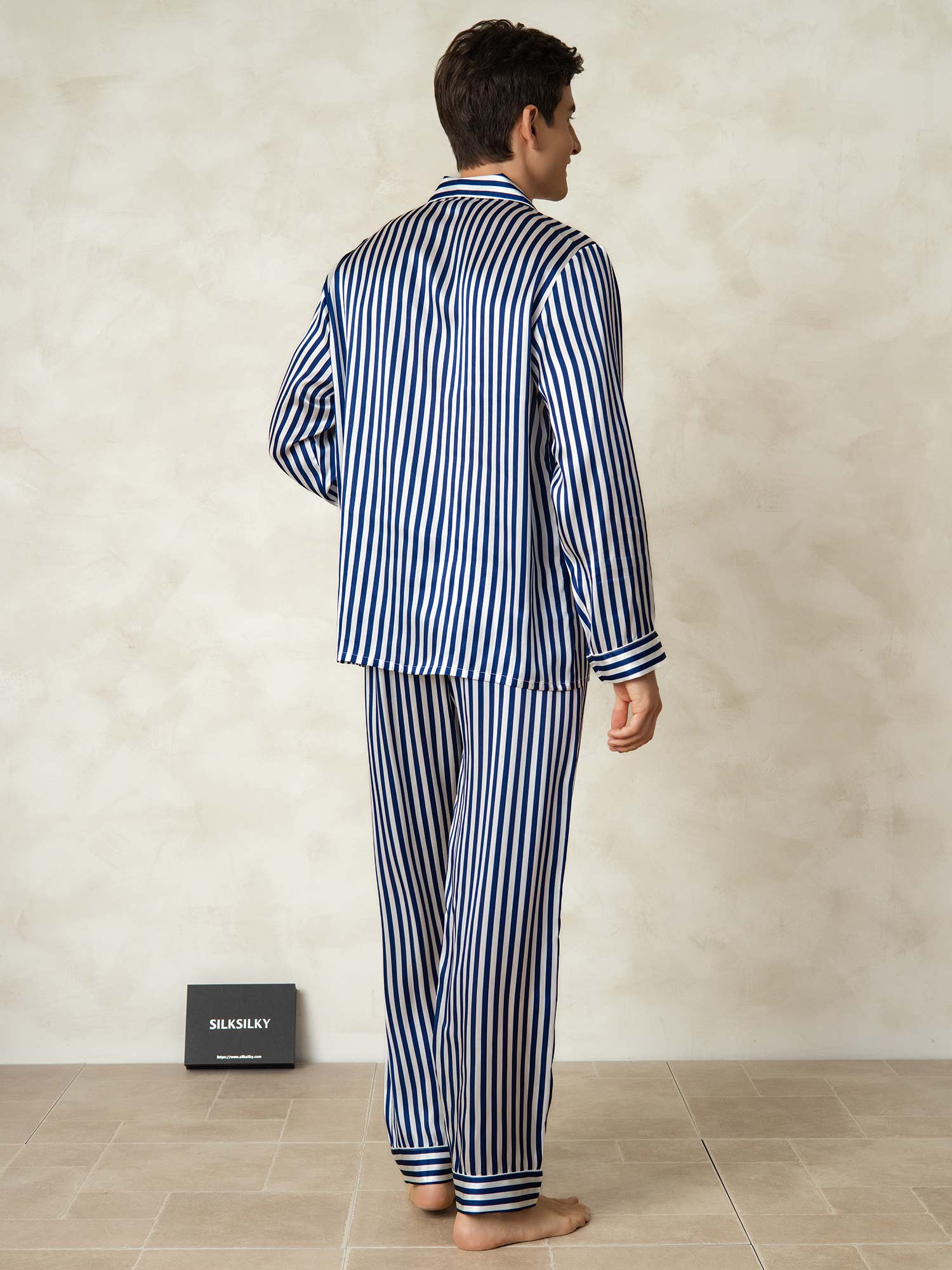 [Navy Stripe] SilkSilky  19Momme Pure Silk Mens Pajamas 002,