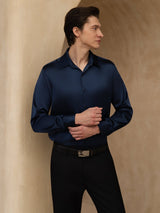 [Dark Blue] SilkSilky 19Momme Stretch Silk Charmeuse Long Sleeve Lapel Collar Men's Shirt 004