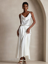[White] SilkSilky  19Momme Stretch Silk Charmeuse Spaghetti Strap Cowl Neck Camisole Top 001