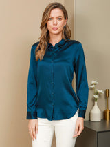 [Teal] SilkSilky  Long Sleeve Lapel Collar Women's Shirts 001