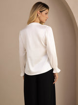 [White] SilkSilky  Long Sleeve Split Women's Blouse 002