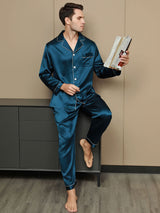 [Teal] SilkSilky  Long Sleeve Lapel Collar Men's Pajamas 001