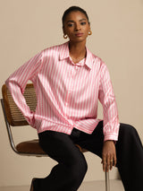 [Pink Stripe] SilkSilky  Long Sleeve Lapel Collar Women's Shirts 003