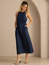 [Dark Blue] SilkSilky  Sleeveless Crew Neck Dress 003
