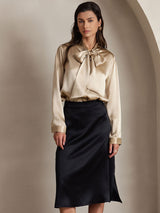 [Champagne] SilkSilky  19Momme Stretch Silk Charmeuse Long Sleeve Tie Neck Blouse 005