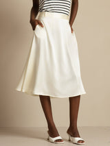 Cream silk high-waist A-line midi skirt with pockets and side zipper