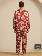 Men's burgundy silk dragon print pajama set with long sleeves and relaxed fit