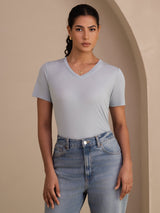 [Grayish Blue] SilkSilky  Short Sleeve V Neck Women's T-Shirt 003