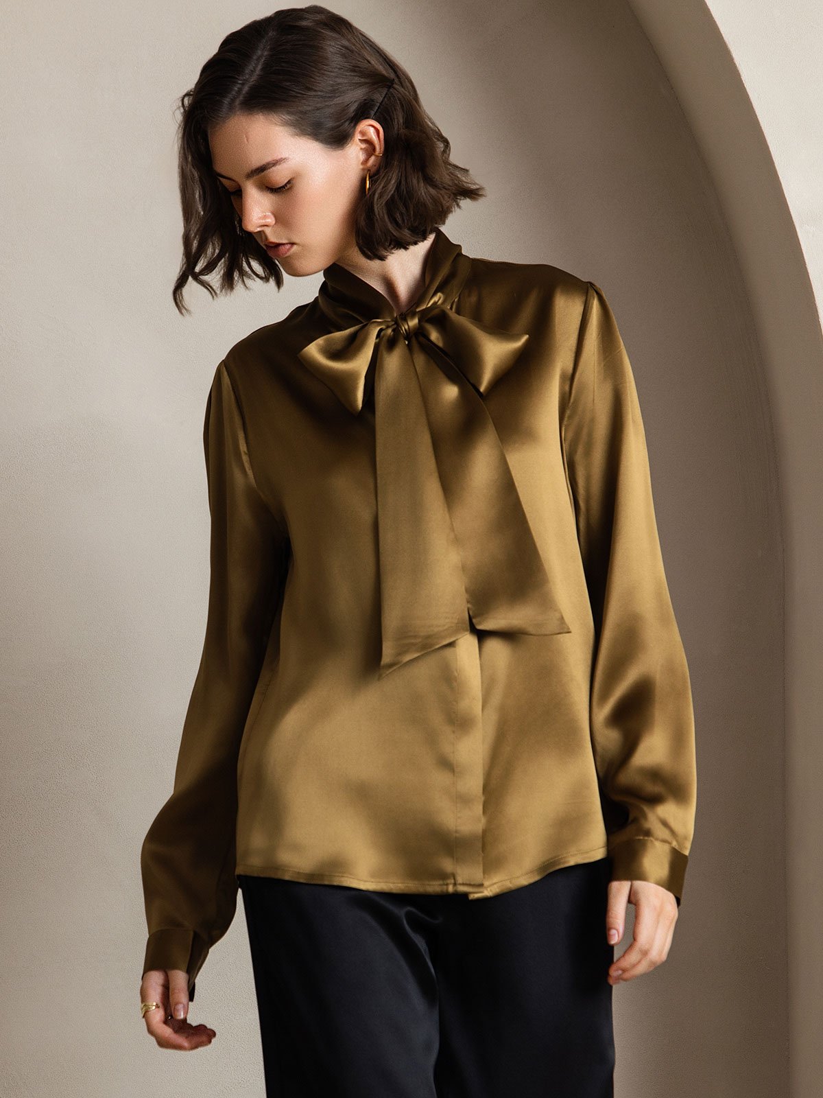 [Brown] SilkSilky  Long Sleeve Tie Neck Women's Blouse 001