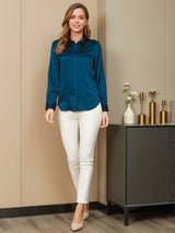 [Teal] SilkSilky  Long Sleeve Lapel Collar Women's Shirts 005