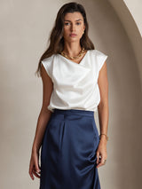 [White] SilkSilky  Cap Sleeve Cowl Neck Women's T-Shirt 001