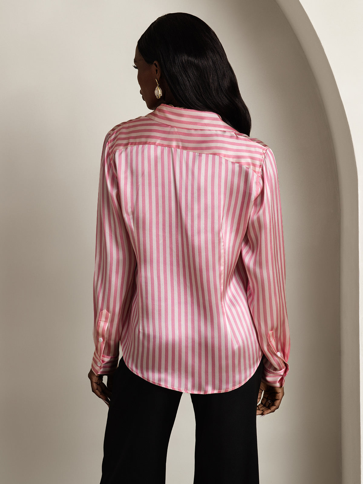 [Pink Stripe] SilkSilky  Long Sleeve Lapel Collar Women's Shirt 002
