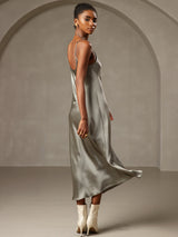 [Grayish Green] SilkSilky  Pure Silk Spaghetti Strap V Neck Dress 002