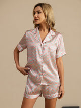 [Pink Heart Geo] SilkSilky  Short Sleeve Lapel Collar Women's Pajamas 003