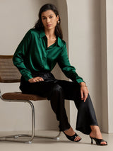 [Dark Green] SilkSilky  Long Sleeve Lapel Collar Women's Shirts 001
