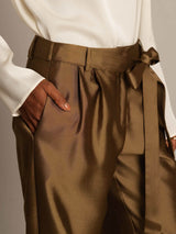 High-waist silk-wool blend tapered cropped pants with tie waist in brown