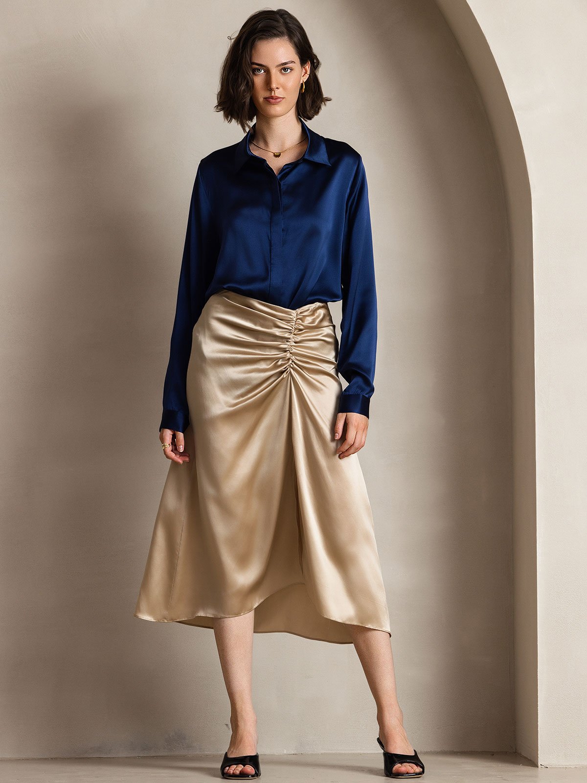 [Dark Blue] SilkSilky  Long Sleeve Lapel Collar Women's Shirts 001