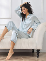 [Light Blue] SilkSilky  Long Sleeve Lapel Collar Women's Pajamas 001