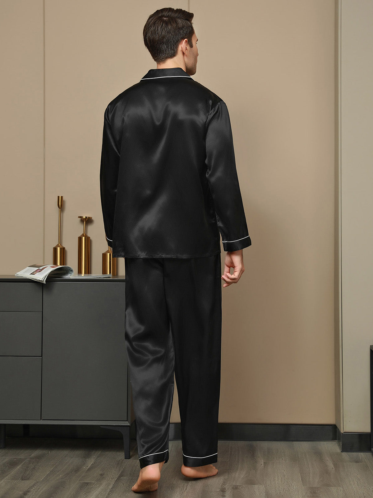 [Black] SilkSilky  Long Sleeve Lapel Collar Men's Pajamas 002